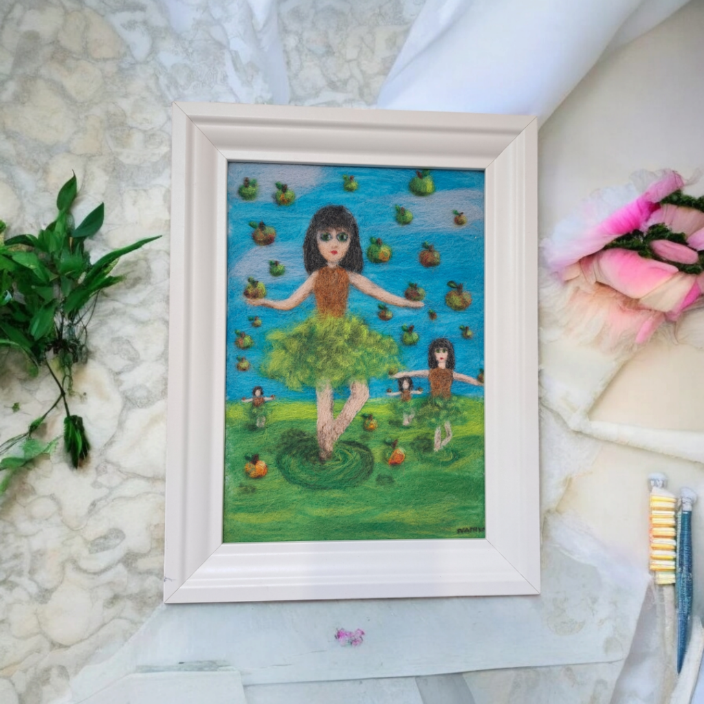 Imagen de cuadro surrealista de chicas con manzanas