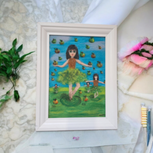 Imagen de cuadro surrealista de chicas con manzanas